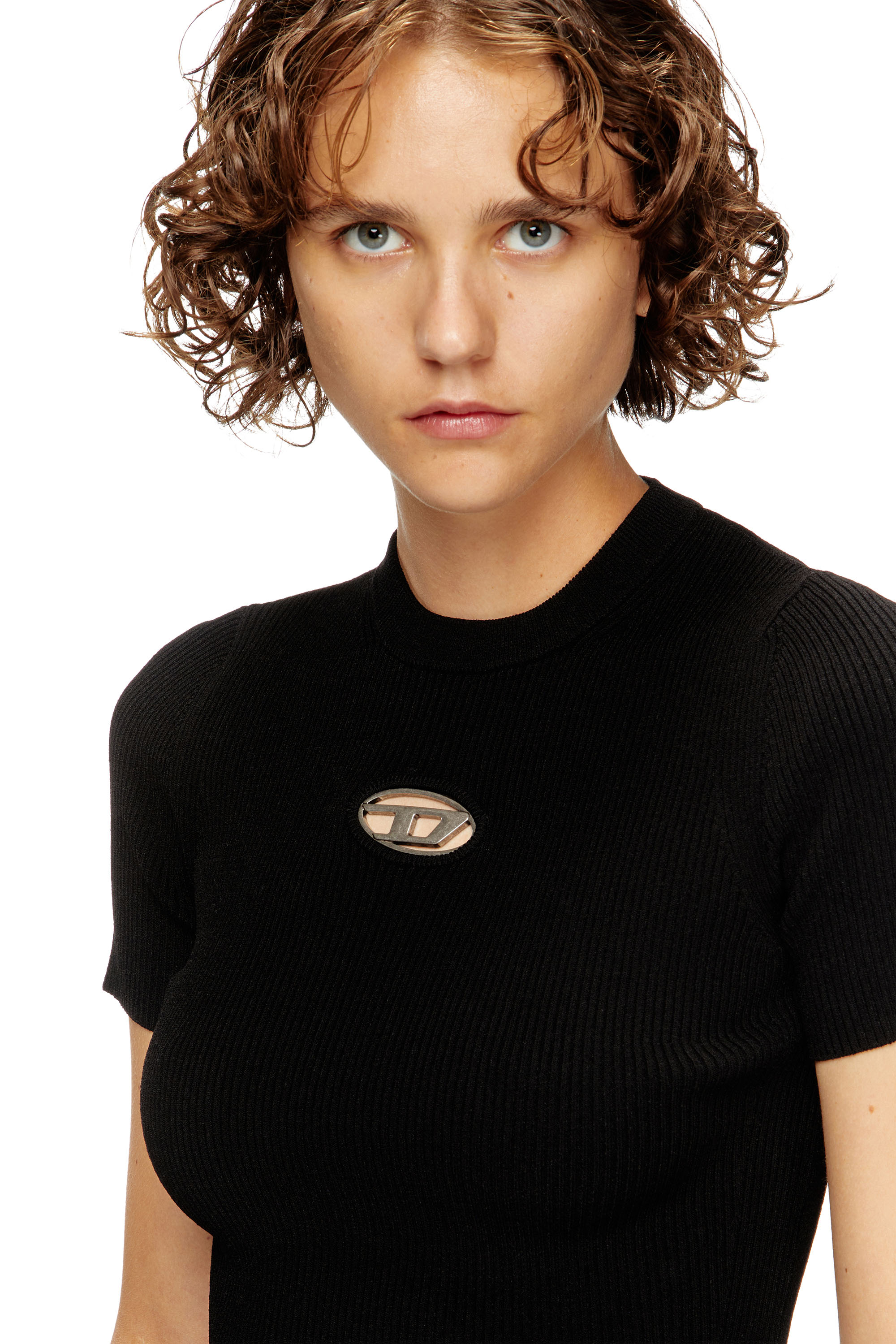 Diesel - M-VALARI-SS, Maglia a manica corta con Oval D metallico Donna in Nero - 5