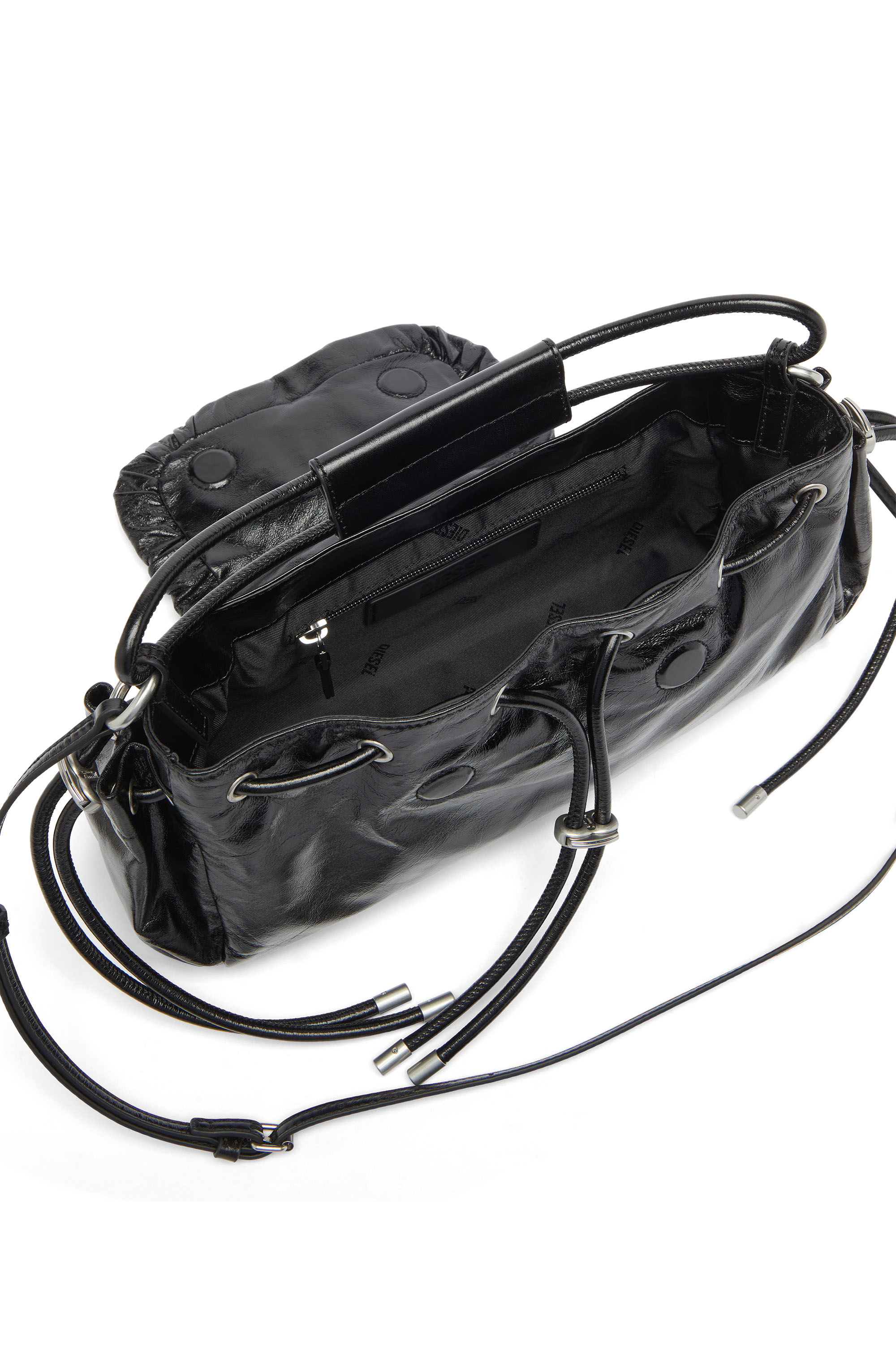 Diesel - SCRUNCH-D TOP HANDLE, Scrunch-D - Borsa a mano in pelle lucida effetto stropicciato Donna in Nero - 3