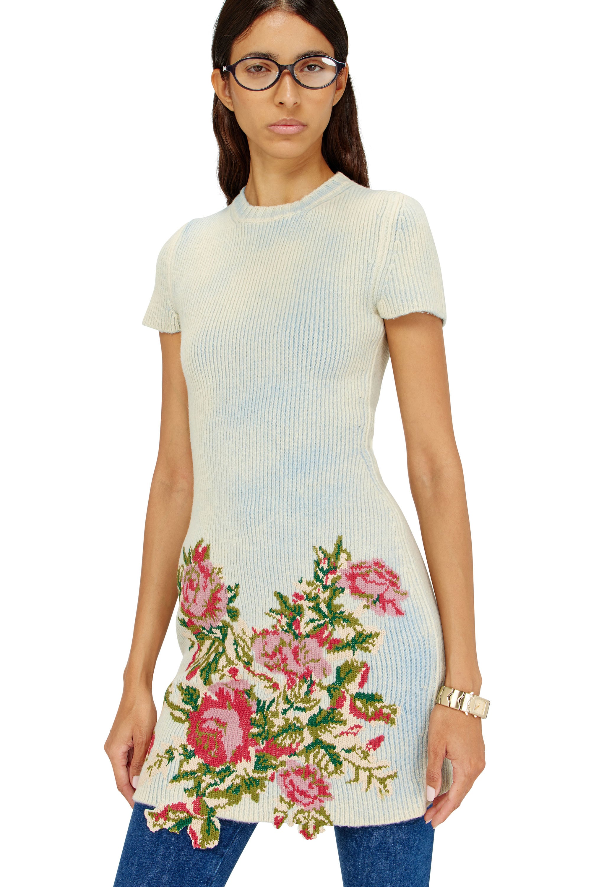 Diesel - M-RINNIE, Abito corto in maglia misto lana a fiori Donna in Bianco - 4