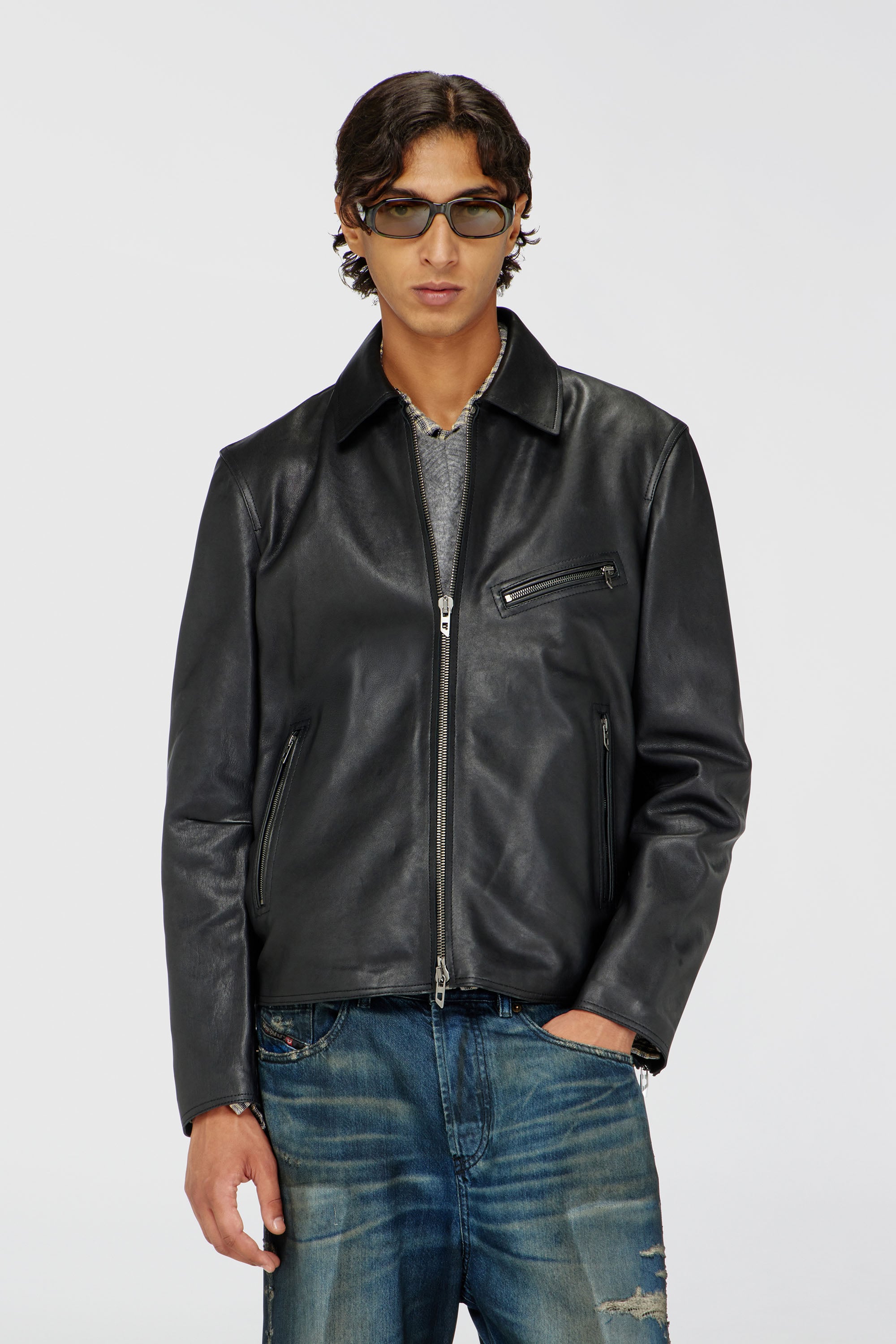 Diesel - L-KORN-A, Man's Leather jacket with embossed Oval D in Black - 1