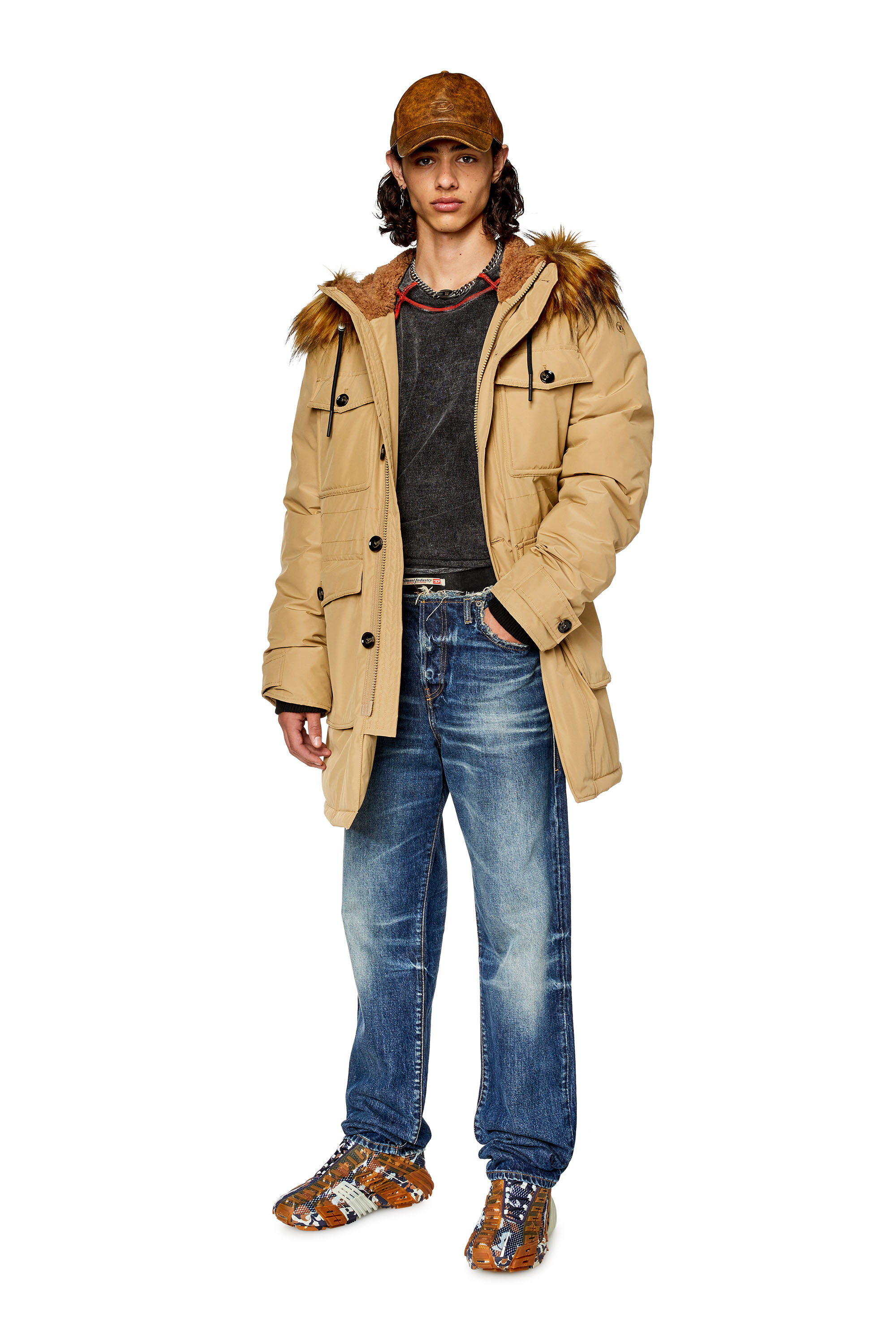 Diesel - W-JORGY, Parka imbottito con cappuccio bordato Uomo in Marrone - 1