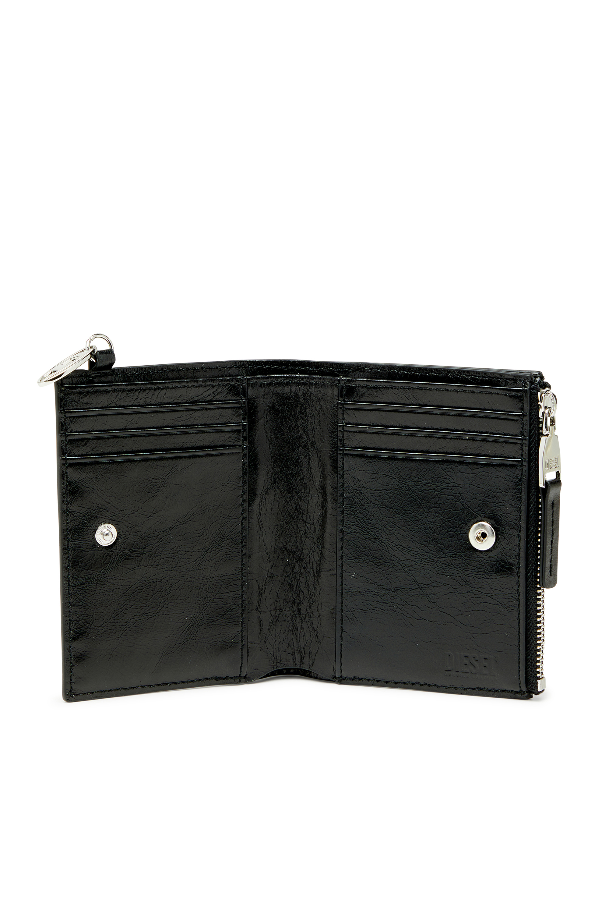 Diesel - OVAL-D BI FOLD ZIP II, Portafoglio in pelle a due ante con motivo catena emboss&eacute; Donna in Nero - 3