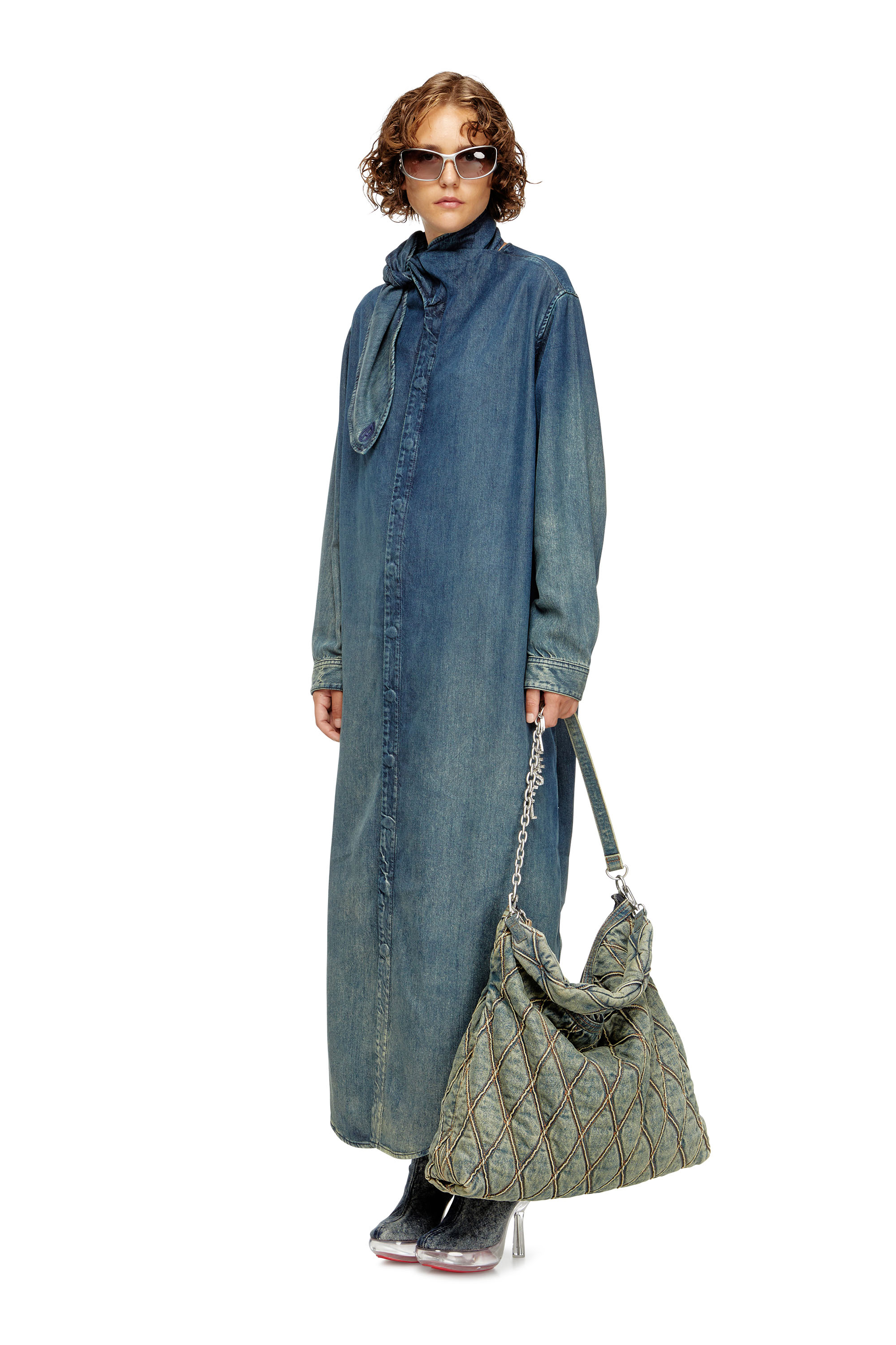 Diesel - DE-BARBARA-S, Abito lungo a camicia in denim fluido Donna in Blu - 1