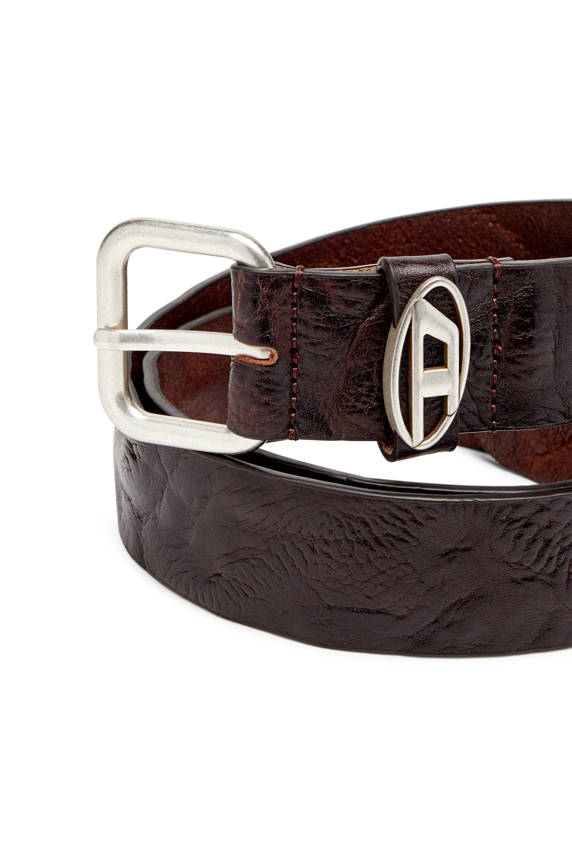 Diesel - B-1DR OVAL D LOOP, Logo-plaque wrinkled leather belt Unisex in Marrone - 3